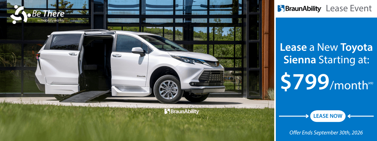 A white BraunAbility Toyota Sienna van with a deployed side ramp is parked; text advertises lease rates starting at $799/month, featuring exclusive MobilityWorks promotions. Offer ends September 30, 2026.