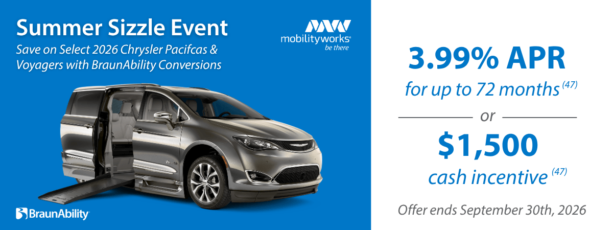 Gray wheelchair-accessible Chrysler van with ramp extended, Summer Sizzle Event details, 3.99% APR or $1,500 cash incentive offer, ends September 31, 2026.