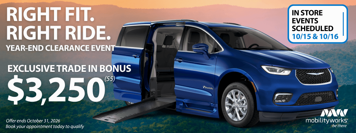 Blue wheelchair-accessible minivan with ramp extended, promoting a $3,250 trade-in bonus at the MobilityWorks year-end clearance event. Discover exclusive MobilityWorks promotions—event dates and offer deadlines shown.