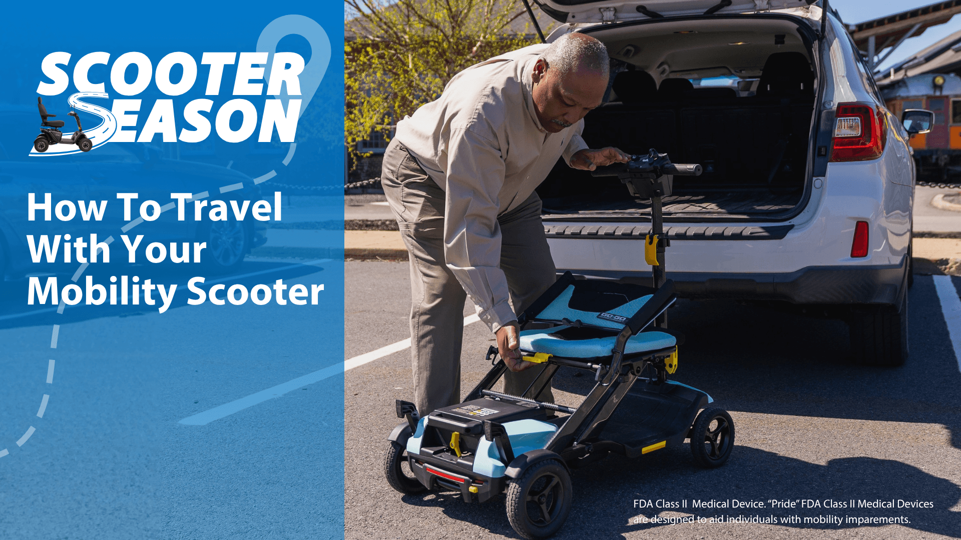 An older man loads a folded travel mobility scooter into the trunk of an SUV in a parking lot, with text about traveling with mobility scooters on the left side of the image.