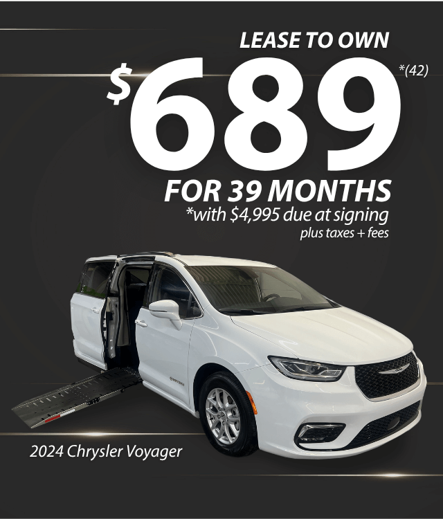 White 2024 Chrysler Voyager van with a side wheelchair ramp, advertised for lease at $689/month for 39 months with $4,995 due at signing, plus taxes and fees.