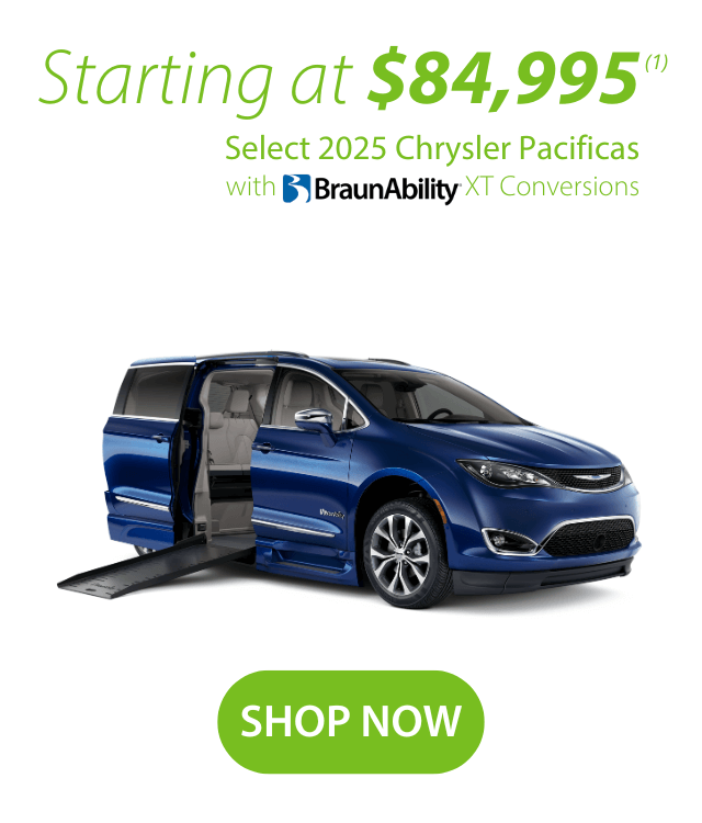 Blue 2025 Chrysler Pacifica with BraunAbility XT conversion, side door open with ramp extended; text advertises starting price of $84,995 and a Shop Now button.