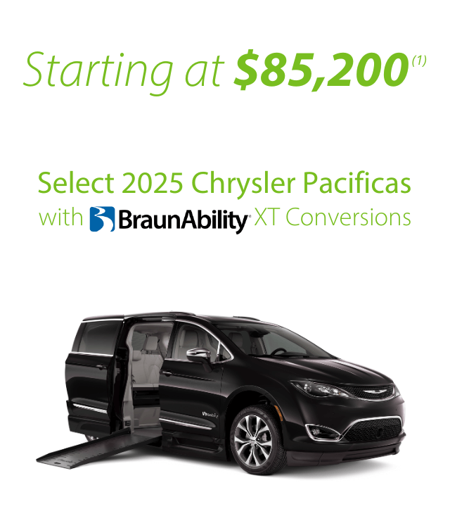 Black Chrysler Pacifica van with BraunAbility XT conversion and side-entry wheelchair ramp, with text indicating prices start at $85,200 for 2025 models.