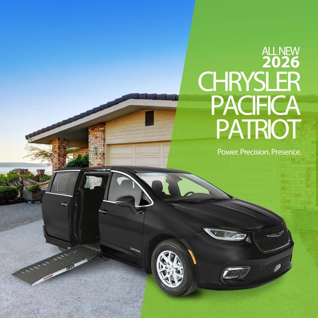A black 2026 Chrysler Pacifica Patriot with a deployed wheelchair ramp is parked in front of a suburban home. Text on the image highlights new MobilityWorks promotions for this vehicle model.
