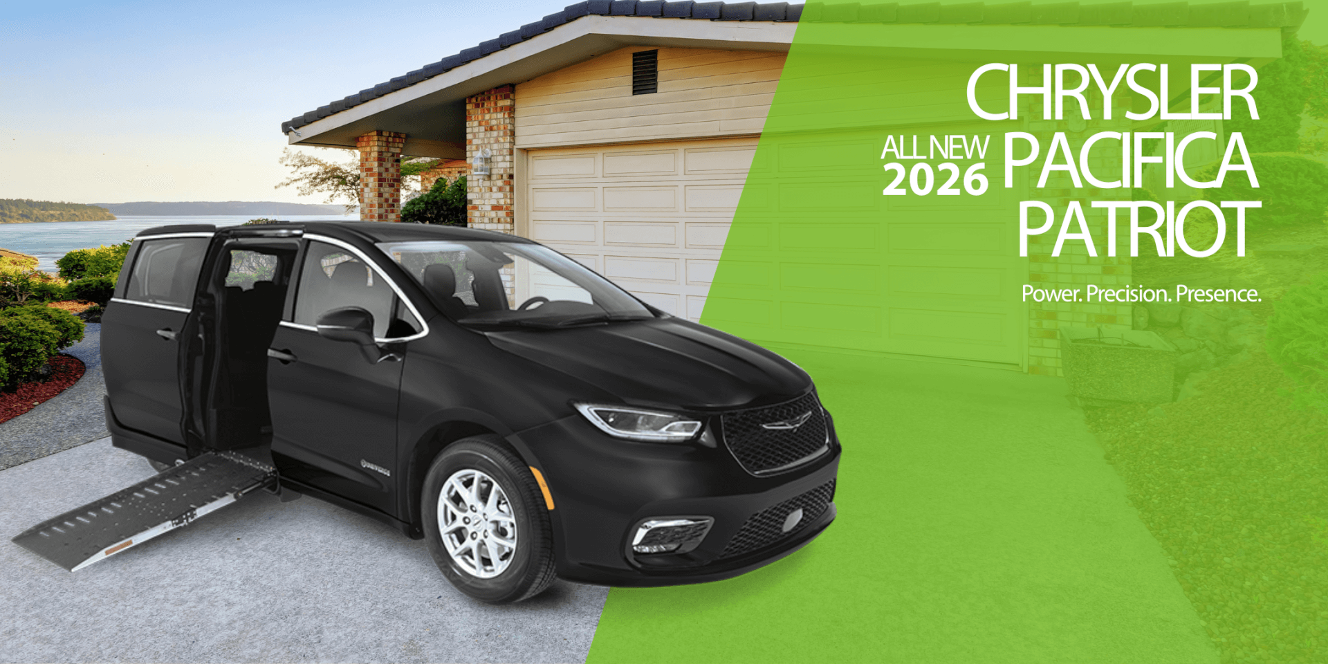 A black 2026 Chrysler Pacifica Patriot van with a deployed wheelchair ramp is parked in front of a suburban house. Text highlighting MobilityWorks promotions is displayed on a green overlay.