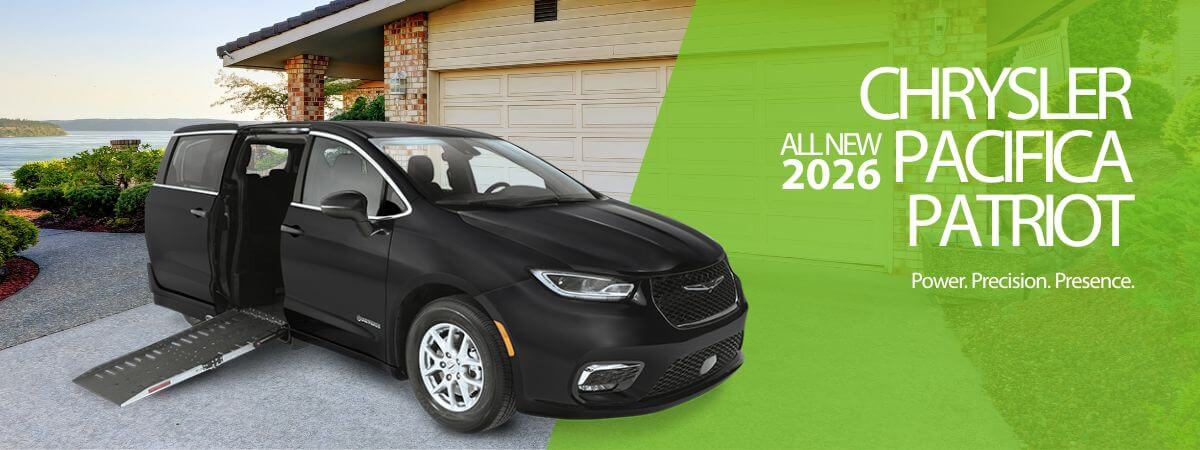 A black 2026 Chrysler Pacifica Patriot with an extended wheelchair ramp parked in a driveway in front of a house. Text promotes the vehicles features.