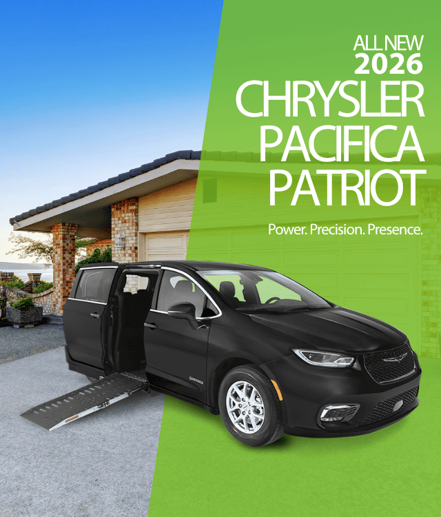 A black 2026 Chrysler Pacifica Patriot with a deployed side wheelchair ramp is parked in front of a house. Text highlights the vehicle model and features.