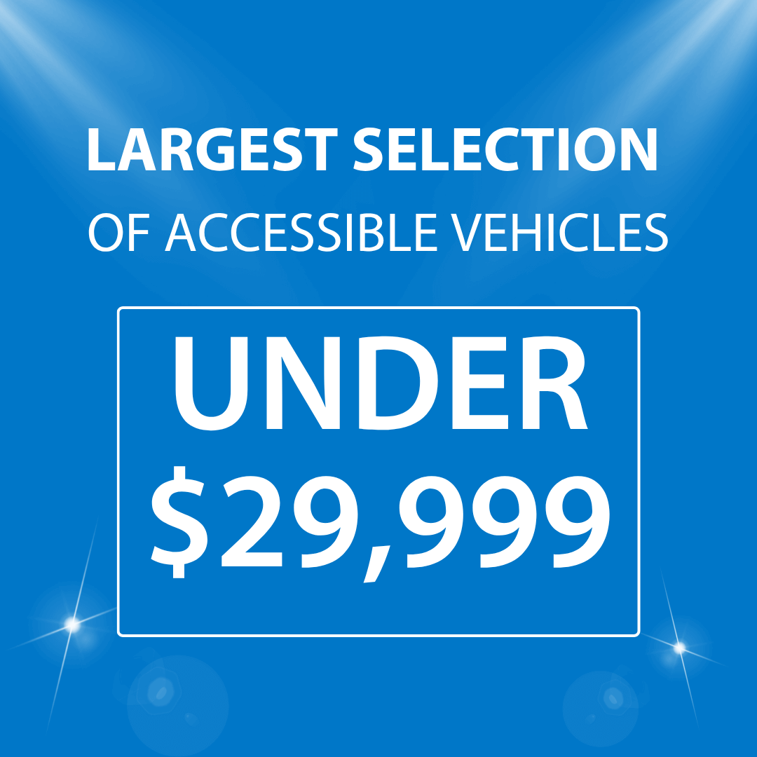 Blue graphic with white text reading Largest Selection of Accessible Vehicles Under $29,999, featuring exclusive MobilityWorks promotions.