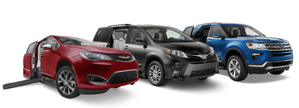 3 accessible vehicles, red Pacifica, Black Toyota and Blue Explorer