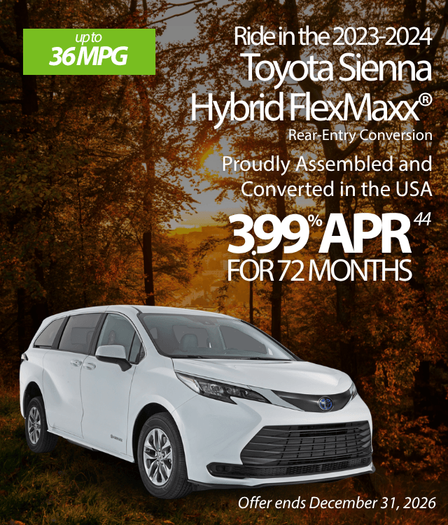 White Toyota Sienna minivan parked by autumn trees, featuring MobilityWorks promotions: 36 MPG, 3.99% APR for 72 months. Offer ends December 31, 2026.