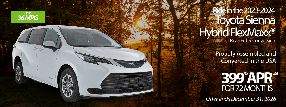 White 2023-2024 Toyota Sienna Hybrid FlexMaxx minivan parked outdoors, featured in MobilityWorks promotions: 36 MPG, 3.99% APR for 72 months, USA assembly. Offer ends Dec 31, 2026.