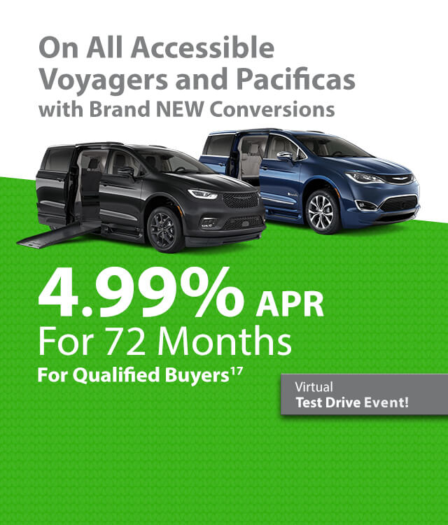4.99% APR for 72 months for qualified buyers on all accessible voyagers and Pacifica's with Brand New Conversion