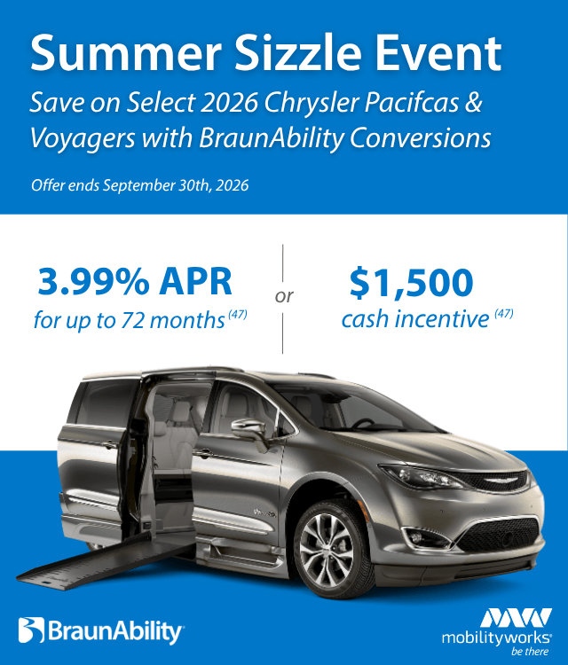 Silver Chrysler Pacifica with wheelchair ramp extended is featured in an ad for BraunAbilitys Summer Sizzle Event, offering 3.99% APR or $1,500 cash incentive on select 2026 models.