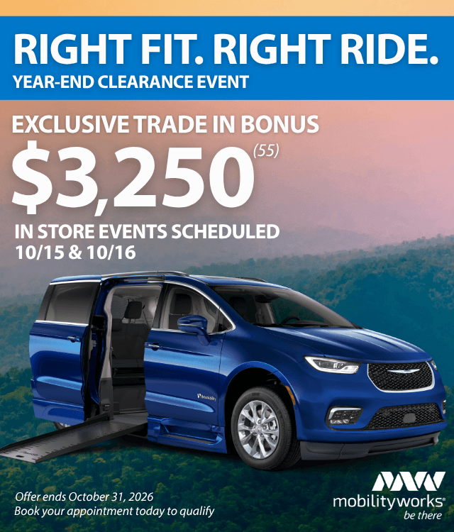 Blue wheelchair-accessible van with ramp, featured in MobilityWorks promotions—get a $3,250 trade-in bonus at the clearance event 10/15–10/16. Offer ends October 31, 2026.