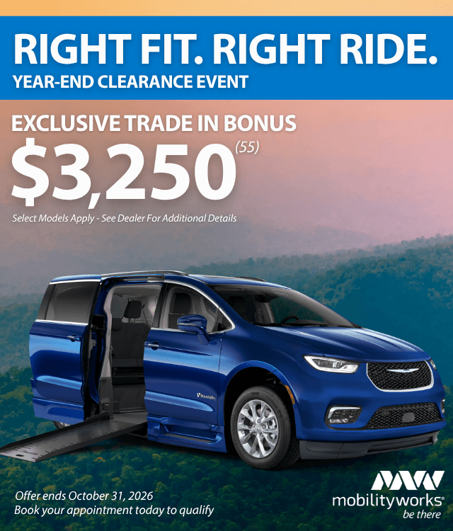 Advertisement for a MobilityWorks year-end clearance event offering a $3,250 trade-in bonus. Features a blue wheelchair-accessible minivan with a deployed ramp. Offer ends October 31, 2026.