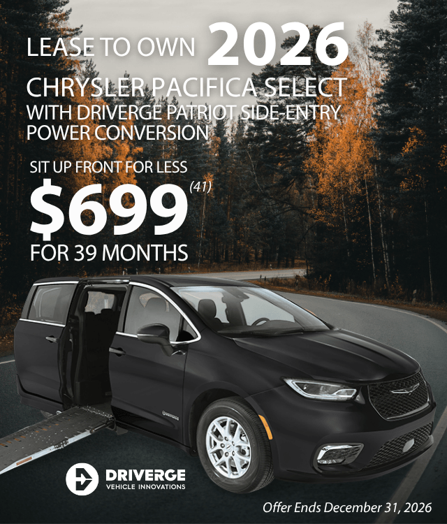 A gray Chrysler Pacifica minivan with an open side-entry ramp is parked on a road, showcasing a lease-to-own offer and special MobilityWorks promotions.