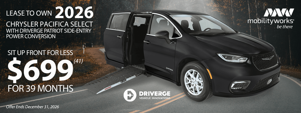 MobilityWorks promotions: Lease a 2026 Chrysler Pacifica Select with side-entry wheelchair ramp for $699/month, 39 months. Offer ends December 31, 2026.