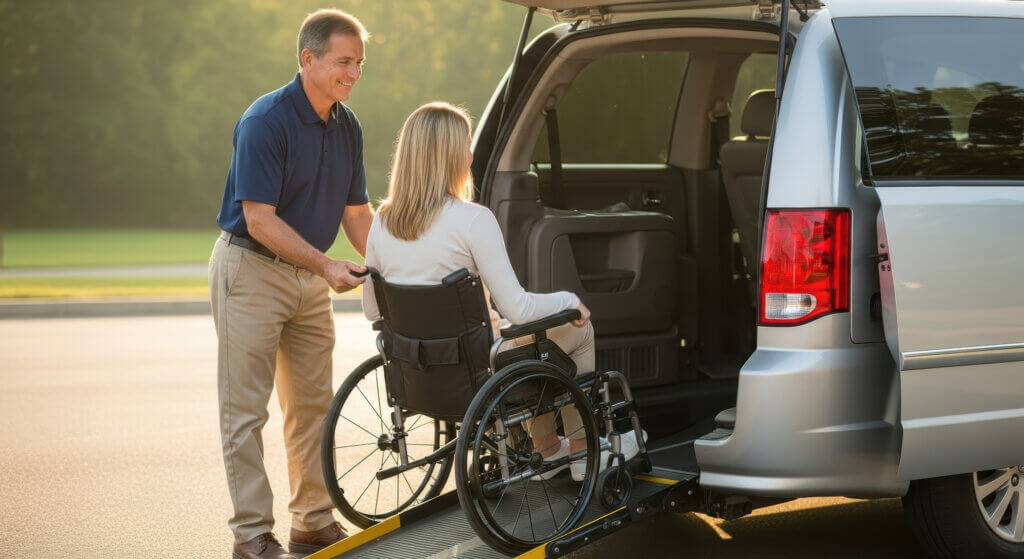A man assists a woman in a wheelchair onto a van ramp in a parking lot during the day.
