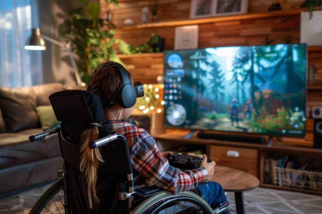 Person in a wheelchair playing a videogame