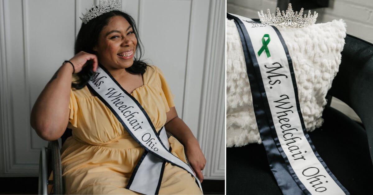 A woman wearing a crown and sash reading Ms. Wheelchair Ohio smiles while sitting in a wheelchair; close-up of the sash and crown on a chair.