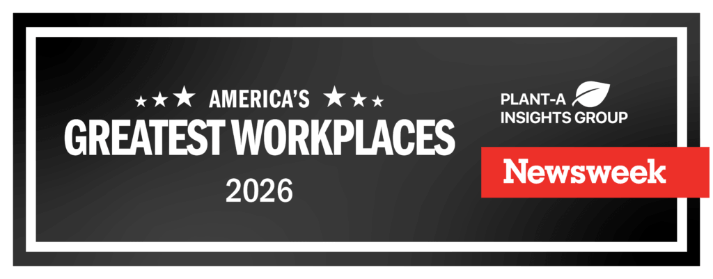 A rectangular badge reads Americas Greatest Workplaces 2026 with logos for Plant-A Insights Group and Newsweek on a black background.