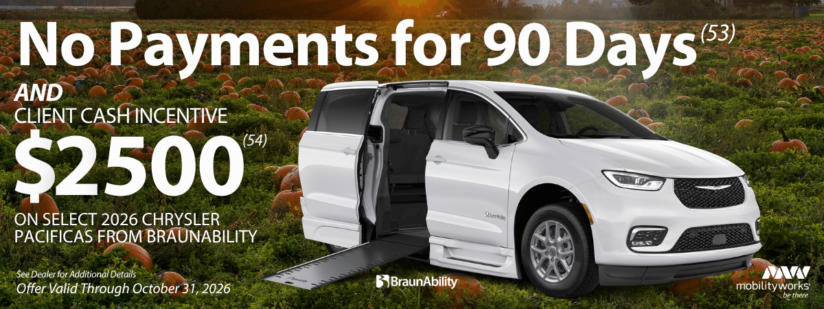 White Chrysler Pacifica wheelchair accessible van with an open side ramp in a pumpkin patch. Text reads: No Payments for 90 Days and Client Cash Incentive $2500 on select 2026 Chrysler Pacificas.