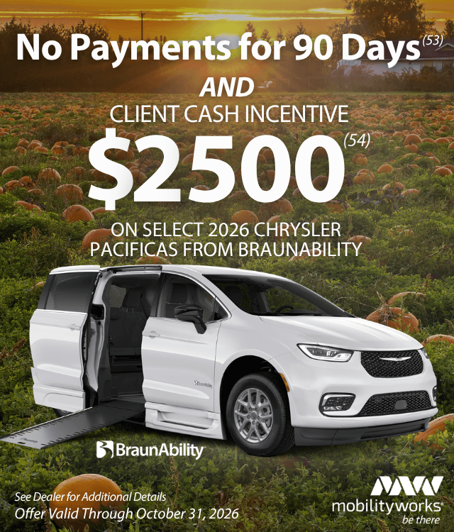 Promotional ad for a BraunAbility Chrysler Pacifica van in a pumpkin patch, offering no payments for 90 days and a $2,500 cash incentive on select 2026 models through October 31, 2026.