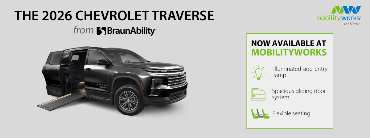 A 2026 Chevrolet Traverse with a side-entry ramp extended, promoting BraunAbility’s accessible features and availability at MobilityWorks. Key features listed on the right.