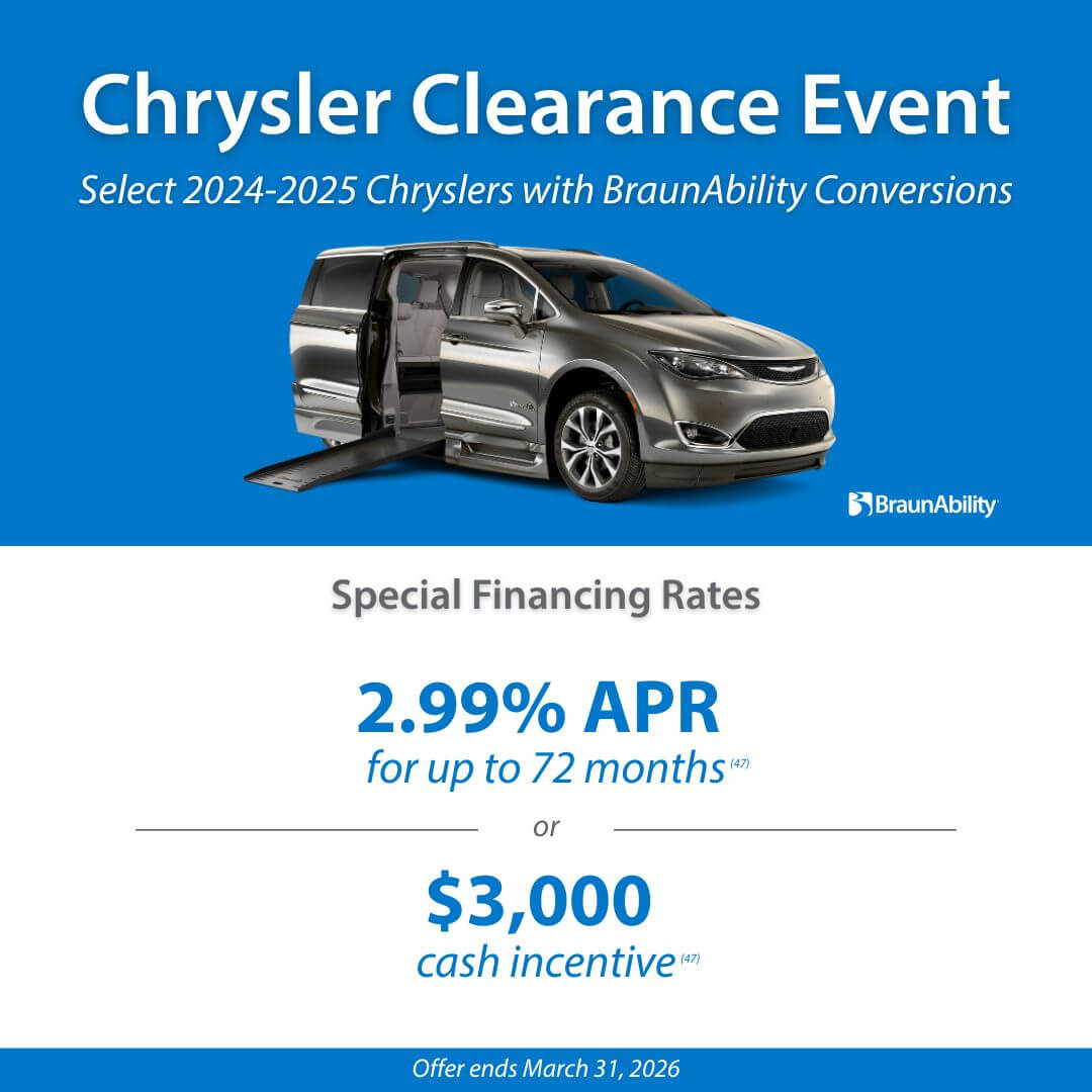Catch the Chrysler Clearance Event at MobilityWorks! Enjoy promotions on 2024-2025 Chryslers with BraunAbility Conversions: 2.99% APR for up to 72 months or get a $3,000 cash incentive. Offer ends March 31, 2026.