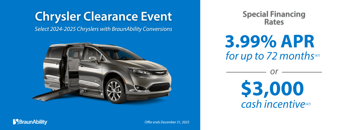 A BraunAbility-converted Chrysler minivan with a wheelchair ramp is shown; ad promotes 3.99% APR financing or $3,000 cash incentive on select 2024-2025 models.