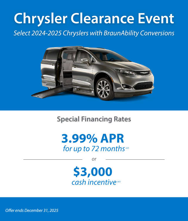 Chrysler Clearance Event ad featuring a Chrysler van with a wheelchair ramp, promoting 3.99% APR financing or a $3,000 cash incentive on 2024-2025 models. Offer ends December 31, 2025.