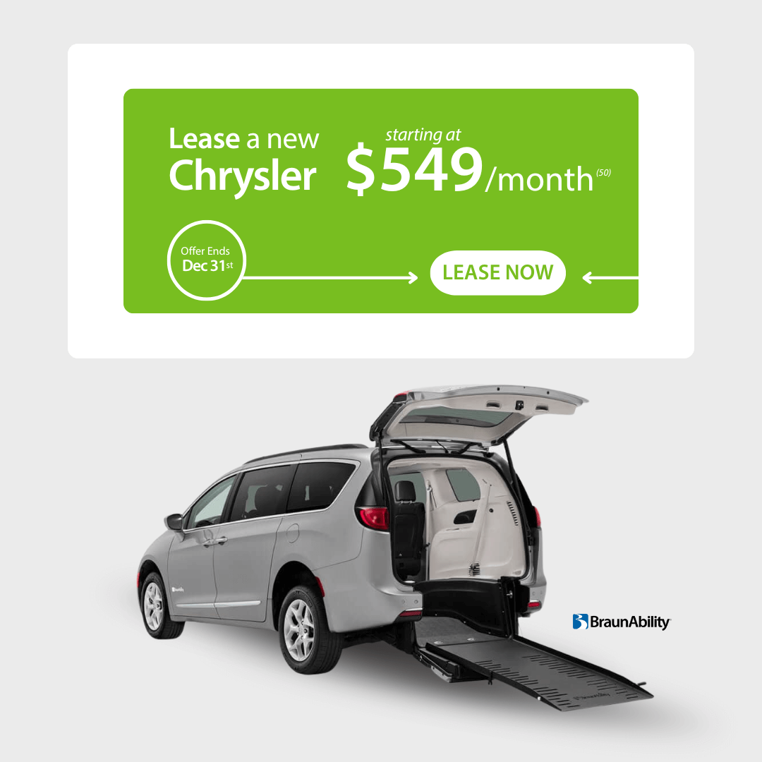 A silver wheelchair-accessible Chrysler van with ramp extended, shown below a green ad featuring MobilityWorks promotions, offering leases starting at $549 per month, ending December 31.
