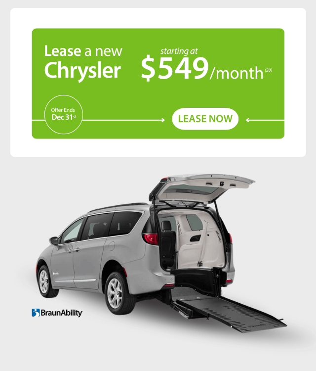 Ad for leasing a new Chrysler at $549/month, featuring a silver wheelchair-accessible van with a ramp extended from the rear; offer ends December 31.