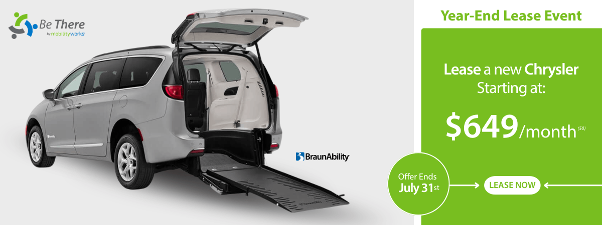 A white Chrysler minivan with a rear wheelchair ramp is shown. Text advertises a year-end lease event with monthly rates starting at $649. Offer ends July 31st.