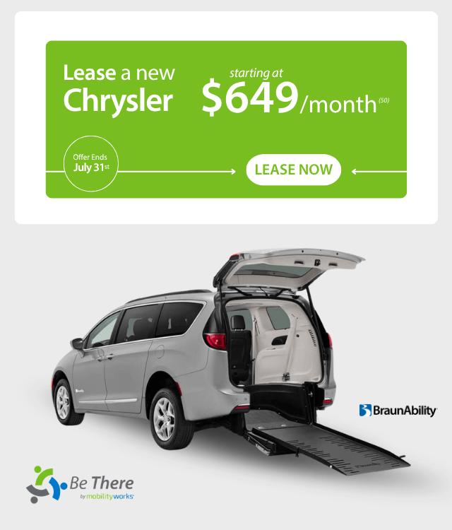 White BraunAbility accessible Toyota van with side-entry ramp extended, parked in front of a building. Lease offer: $799/month. Offer ends July 31.
