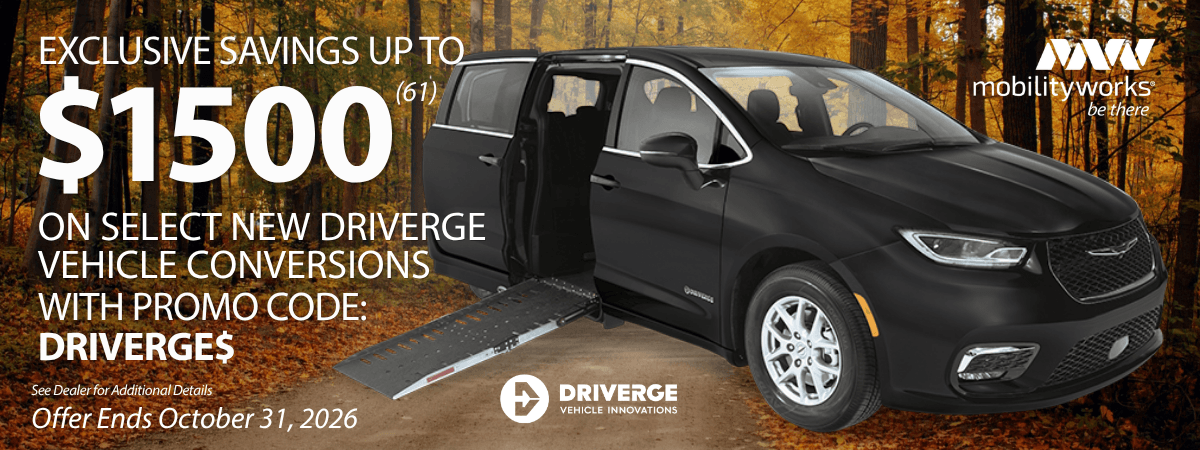 Black wheelchair-accessible van with ramp extended, surrounded by autumn trees. MobilityWorks promotions offer up to $1,500 savings on Driverge conversions. Ends October 31, 2026.