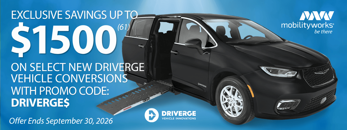 Black minivan with a deployed wheelchair ramp, promoting up to $1500 savings on Driverge vehicle conversions with promo code DRIVERGE$. Offer ends September 30, 2026.