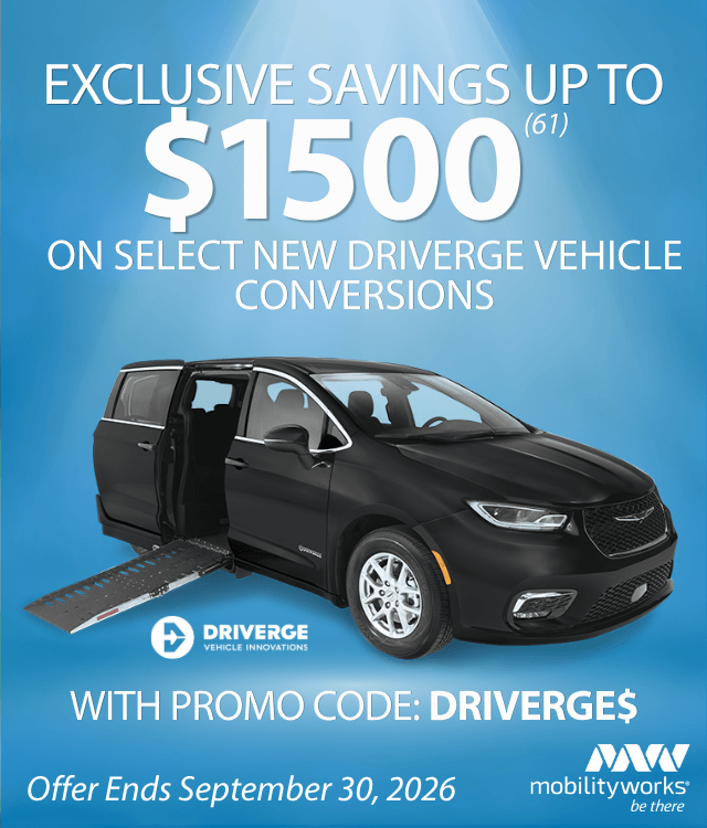 Black van with side wheelchair ramp on blue background; promo code DRIVERGE$ offers up to $1500 savings on new conversions. Offer ends September 30, 2026. MobilityWorks logo at bottom.