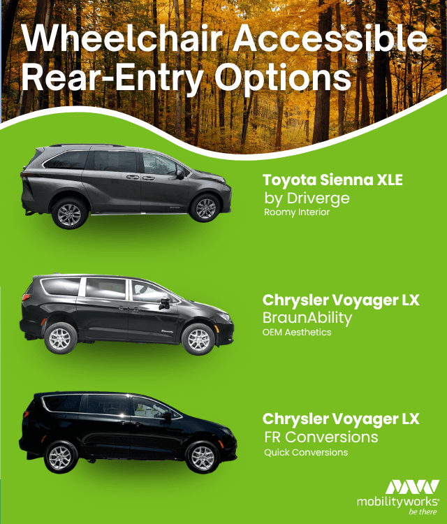 Three wheelchair accessible minivans—Toyota Sienna XLE and two Chrysler Voyagers—highlighted against a forest background, featuring exclusive MobilityWorks promotions.