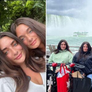 Two women pose for selfies in front of greenery and Niagara Falls. In the second photo, they sit with mobility scooters, bags, and a wheelchair van nearby by the falls, with a tour boat visible in the background.