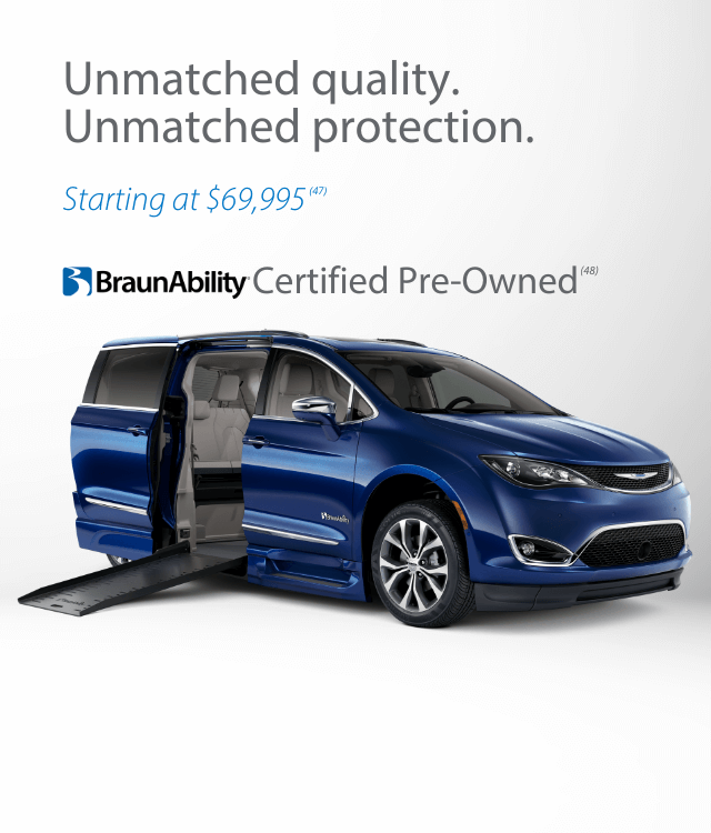 A blue BraunAbility certified pre-owned van with a deployed wheelchair ramp is shown, alongside pricing and quality assurance text.