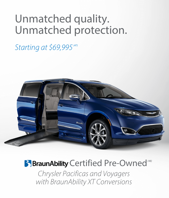 A blue BraunAbility certified pre-owned van with a deployed wheelchair ramp is shown, alongside pricing and quality assurance text.