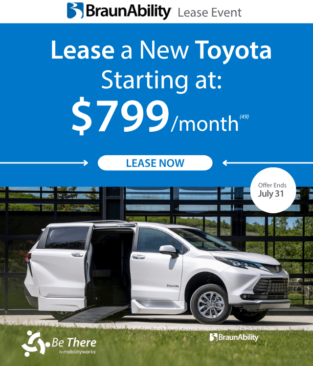 White BraunAbility accessible Toyota van with side-entry ramp extended, parked in front of a building. Lease offer: $799/month. Offer ends July 31.