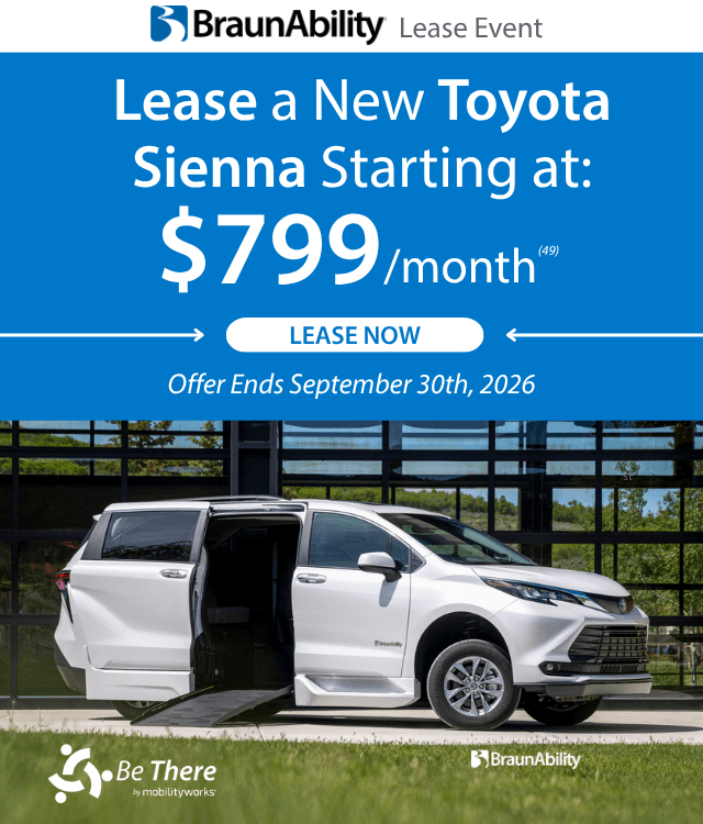 A white BraunAbility Toyota Sienna van with a deployed side ramp is parked; text advertises lease rates starting at $799/month, featuring exclusive MobilityWorks promotions. Offer ends September 30, 2026.