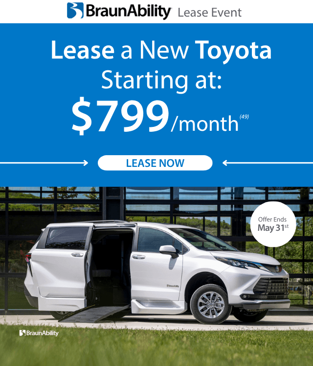 BraunAbility lease event ad showing a white modified Toyota van with an open ramp, offering leases starting at $799/month. Offer ends May 31st.