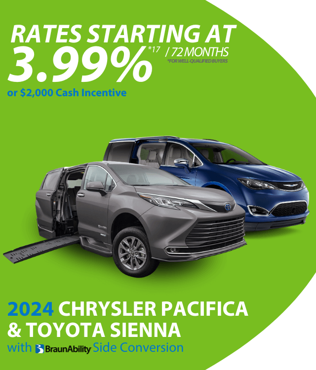 Vehículo Chrysler azul con rampa lateral abierta. Texto: Calidad inigualable. Protección inigualable. Desde $61,995 hasta $69,995. Abajo: Chrysler Pacifica y Voyager usadas certificadas con conversiones BraunAbility XT.