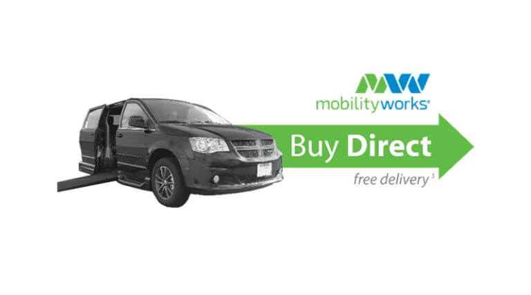 A black accessible van with a side ramp is shown next to the MobilityWorks logo and a green arrow saying Buy Direct, free delivery.
