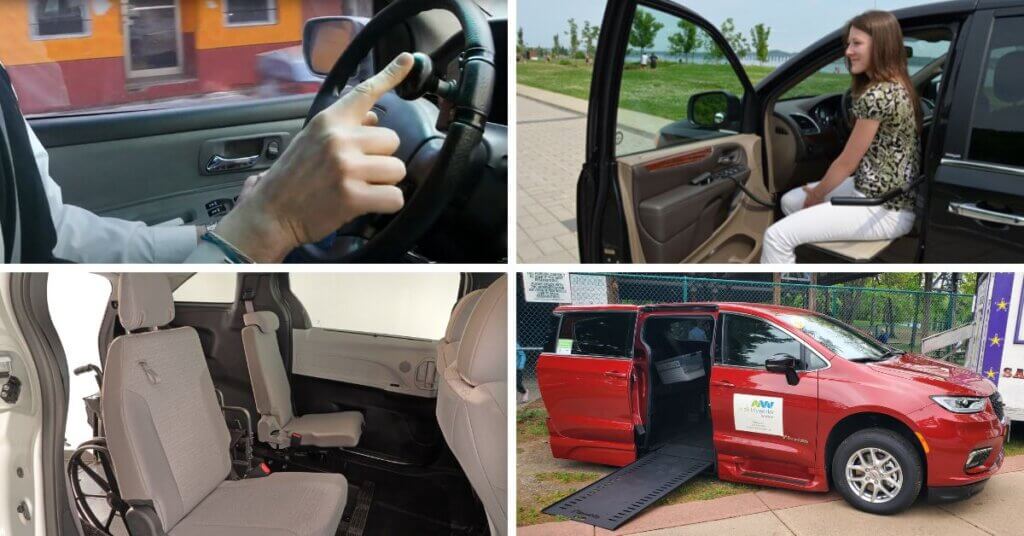A collage shows various features of a mobility vehicle that grows with you, including hand controls, a woman in the front seat, a modified interior, and a van with a deployed wheelchair ramp.