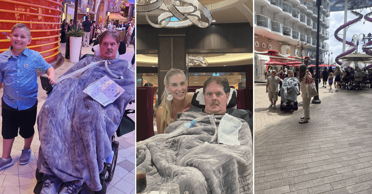 A man in a wheelchair with a blanket is accompanied by a boy, a woman, and others across three different public indoor and outdoor locations.