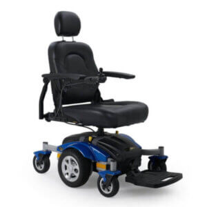 A blue motorized wheelchair with black seat, headrest, armrests, footrest, and four wheels, designed for mobility assistance.